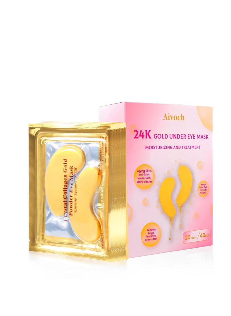 20Pairs/40Pcs 24K Gold Eye Patches, Collagen Eye Masks for Dark Circles and Eye Bags, Smooth Wrinkles & Puffy Eyes, Moisturizing Skin, Skincare Eye Treatment, Beauty & Personal Care