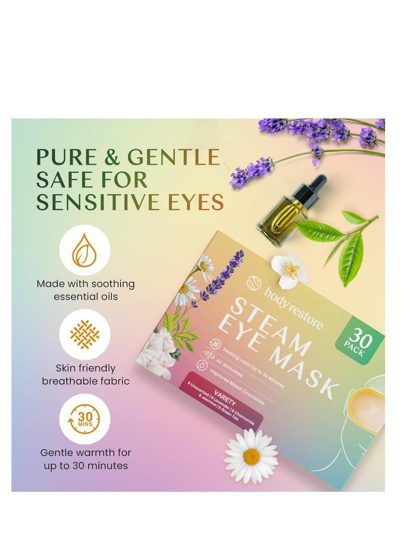 Body Restore Self Heated Steam Eye Mask 30 Pack - Easter Basket Stuffers, Relaxation Gifts for Her and Him, Best Friend, Stye Eye Treatment, Disposable Heating Pad, Travel Essentials - Variety