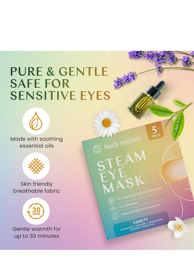 Body Restore Self Heated Steam Eye Mask 5 Pack - Easter Basket Stuffers, Relaxation Gifts for Her and Him, Best Friend, Stye Eye Treatment, Disposable Heating Pad, Travel Essentials - Variety