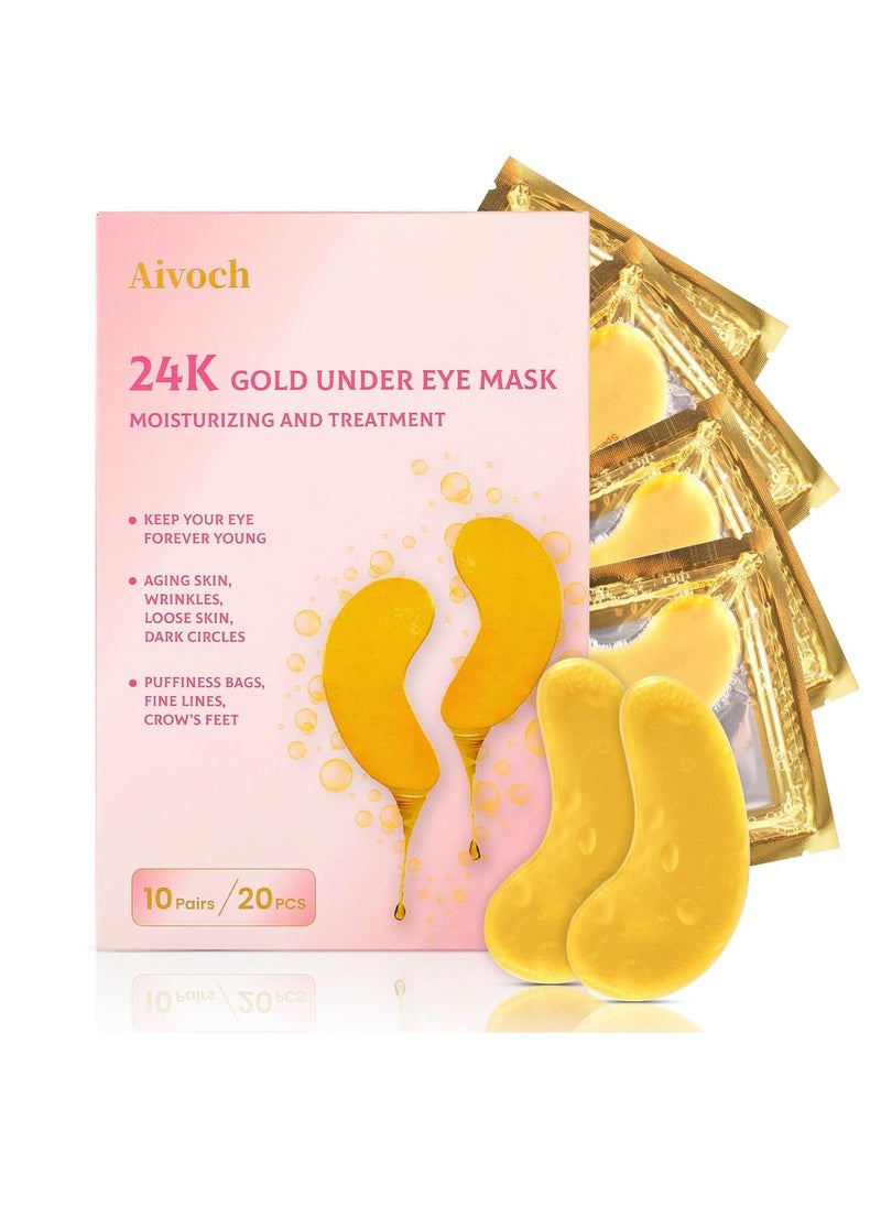 10Pairs 20Pcs 24K Gold Under Eye Patches, Collagen Eye Masks for Dark Circles and Puffiness, Reduce Wrinkles and Puffy Eyes, Refresh Your Skin, Women Skincare Eye Treatment Products