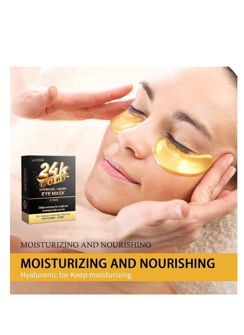 Under Eye Patches, 24K Gold Eye Mask - 12 Pairs, Collagen Eye Patch for Puffy Eyes and Dark Circles and Anti-Aging, Deep Moisturizing Eye Treatment Masks for Women and Men