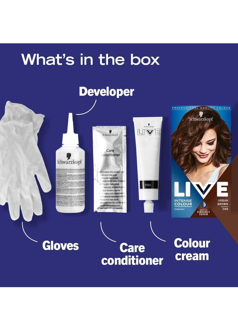 LIVE Intense Colour Long Lasting Permanent Brown Hair Dye With Built In Vibrancy Serum Up To 70 percent Grey Coverage Urban Brown 088