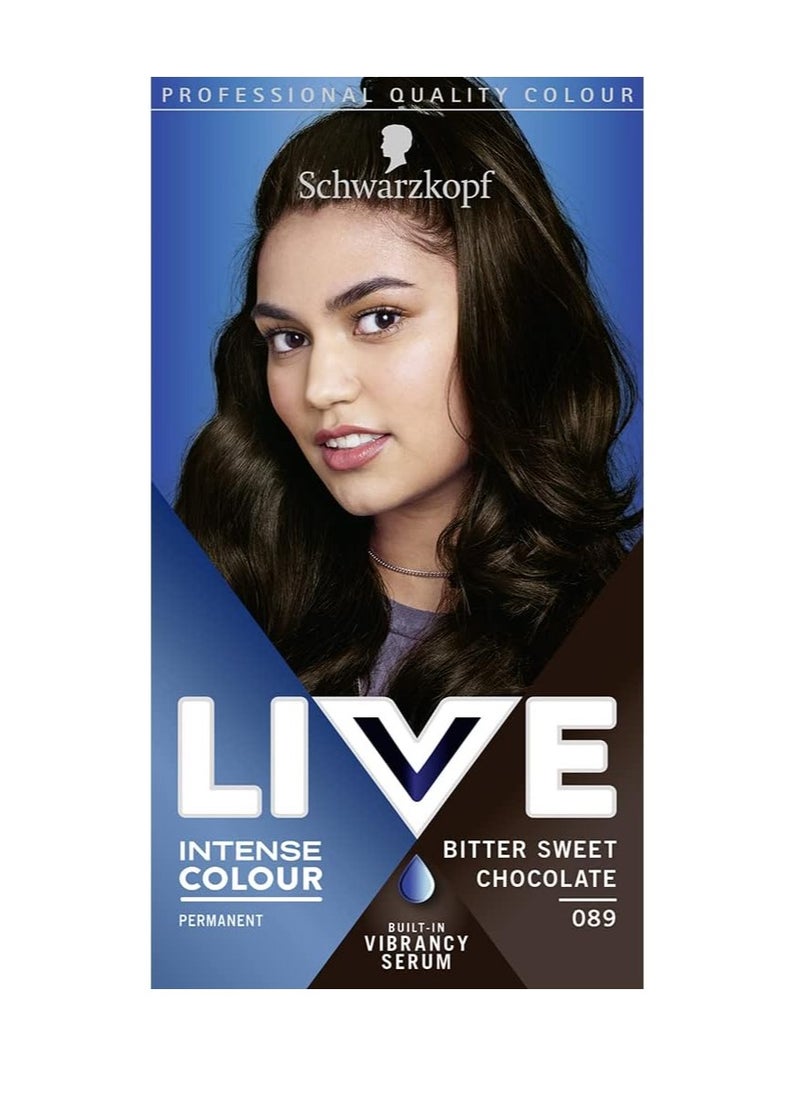 LIVE Intense Colour Long Lasting Permanent Brown Hair Dye With Built In Vibrancy Serum Up To 100 percent Grey Coverage Bitter Sweet Chocolate 089