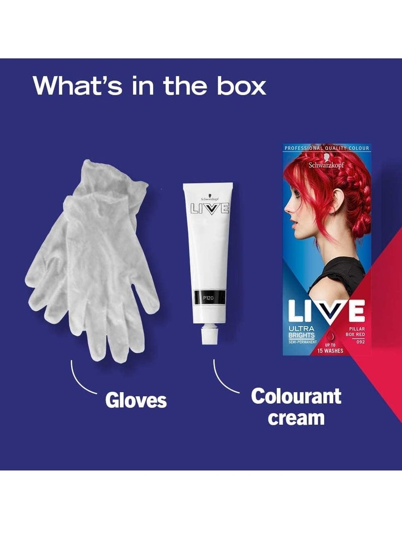 LIVE Ultra Brights Pillar Box Red Semi Permanent Hair Dye 092 Red Hair Dye for Bright or Pastel Hair Colour Vibrant Colour Lasts up to 15 Washes