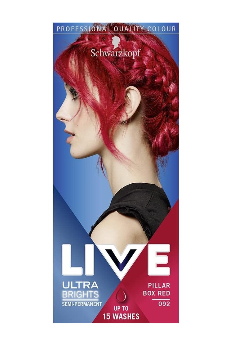 LIVE Ultra Brights Pillar Box Red Semi Permanent Hair Dye 092 Red Hair Dye for Bright or Pastel Hair Colour Vibrant Colour Lasts up to 15 Washes
