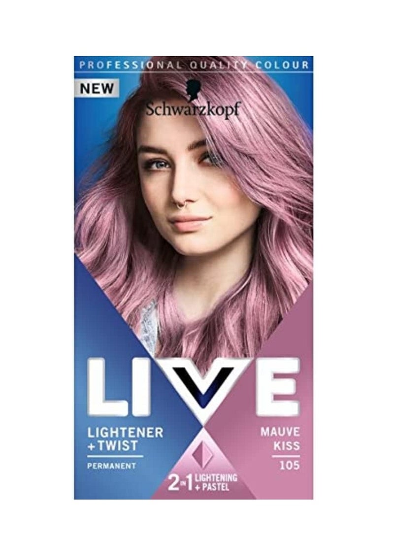 LIVE Lightener plus Twist Permanent Pink Hair Dye 2 in 1 Formula Lightens and Colours Up To 3 Levels Mauve Kiss 105