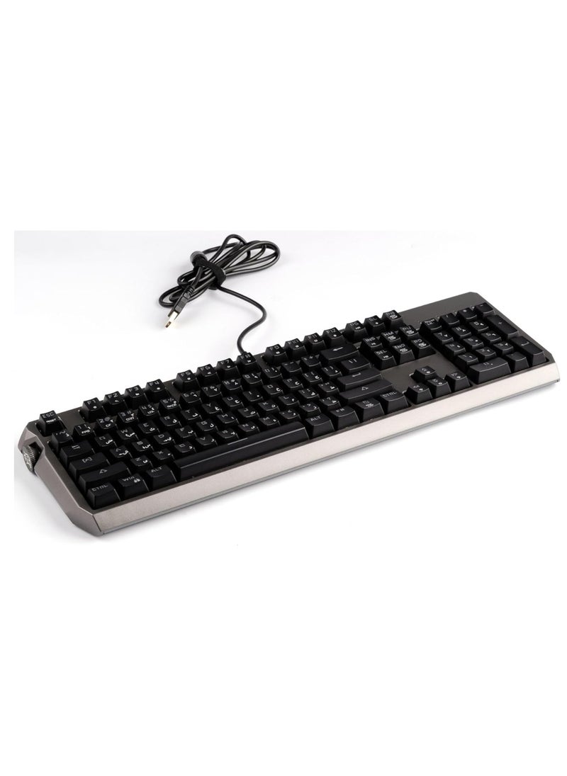 Gaming Wired Full Keyboard with Blue Gateron Switch, Anti-ghosting Keys, Macro Software, English and Arabic Layout, 50 Million Clicks Lifespan, Volume Knob, 104 Pieces Keys - Black
