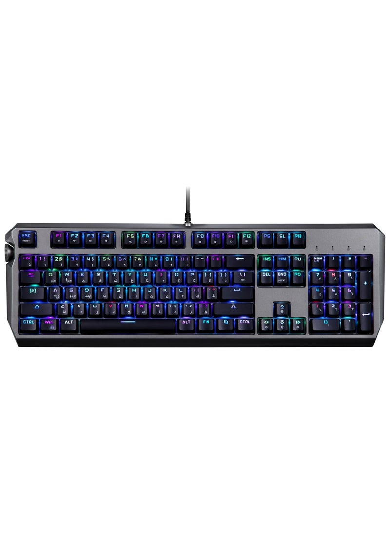 Gaming Wired Full Keyboard with Blue Gateron Switch, Anti-ghosting Keys, Macro Software, English and Arabic Layout, 50 Million Clicks Lifespan, Volume Knob, 104 Pieces Keys - Black