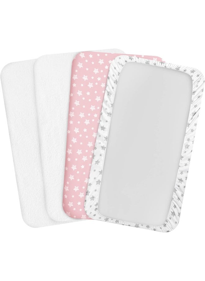 Moonsea Pack and Play Sheets & Waterproof Terry Pack N Play Mattress Protector Pad Cover 4 Pack, Viscose Made from Bamboo Pack N Play Sheets Set, Grey & Pink