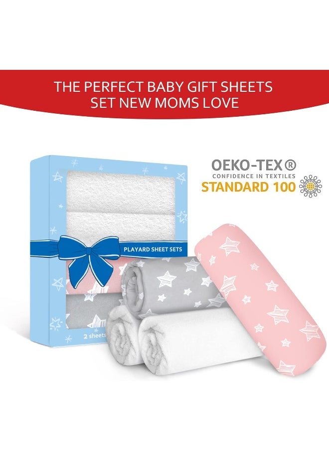 Moonsea Pack and Play Sheets & Waterproof Terry Pack N Play Mattress Protector Pad Cover 4 Pack, Viscose Made from Bamboo Pack N Play Sheets Set, Grey & Pink
