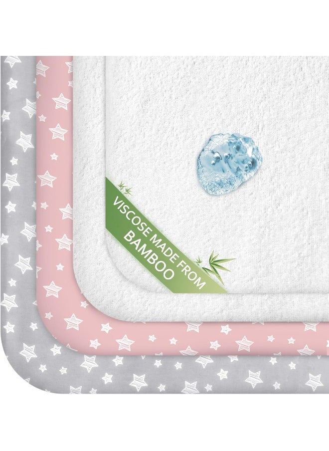 Moonsea Pack and Play Sheets & Waterproof Terry Pack N Play Mattress Protector Pad Cover 4 Pack, Viscose Made from Bamboo Pack N Play Sheets Set, Grey & Pink