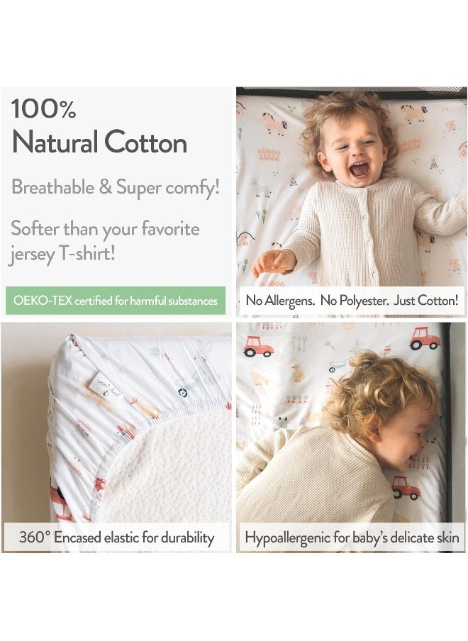 Joey + Joan Bedside Sleeper Bassinet Sheets for 32 x 19 Inch Mattress Pad – Compatible with Ronbei, Pamobabe, Nordmiex Bassinet – 100% Jersey Cotton – Farm Animals – 2 Pack