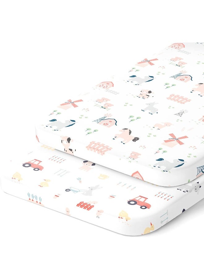 Joey + Joan Bedside Sleeper Bassinet Sheets for 32 x 19 Inch Mattress Pad – Compatible with Ronbei, Pamobabe, Nordmiex Bassinet – 100% Jersey Cotton – Farm Animals – 2 Pack