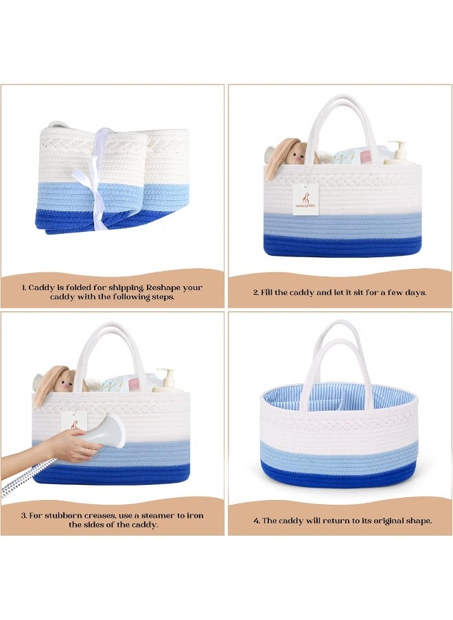 Luxury Little Baby Diaper Caddy Organizer, Large Cotton Rope Nursery Diaper Basket, Changing Table Organizer, Portable Tote Bag with Divider, Car Storage, Baby Shower Gifts for Newborn Boys - Blue