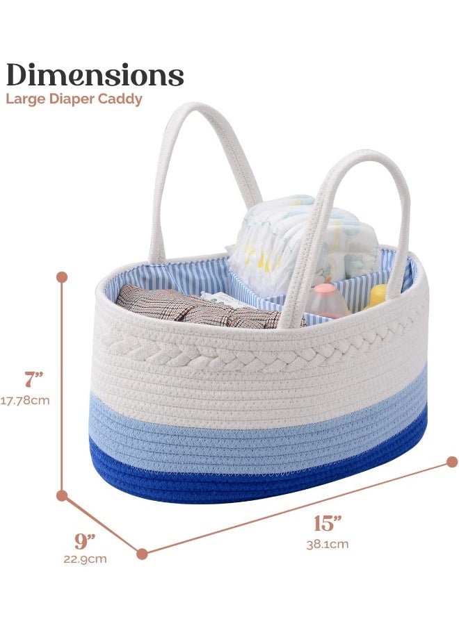 Luxury Little Baby Diaper Caddy Organizer, Large Cotton Rope Nursery Diaper Basket, Changing Table Organizer, Portable Tote Bag with Divider, Car Storage, Baby Shower Gifts for Newborn Boys - Blue