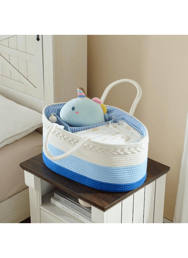 Luxury Little Baby Diaper Caddy Organizer, Large Cotton Rope Nursery Diaper Basket, Changing Table Organizer, Portable Tote Bag with Divider, Car Storage, Baby Shower Gifts for Newborn Boys - Blue