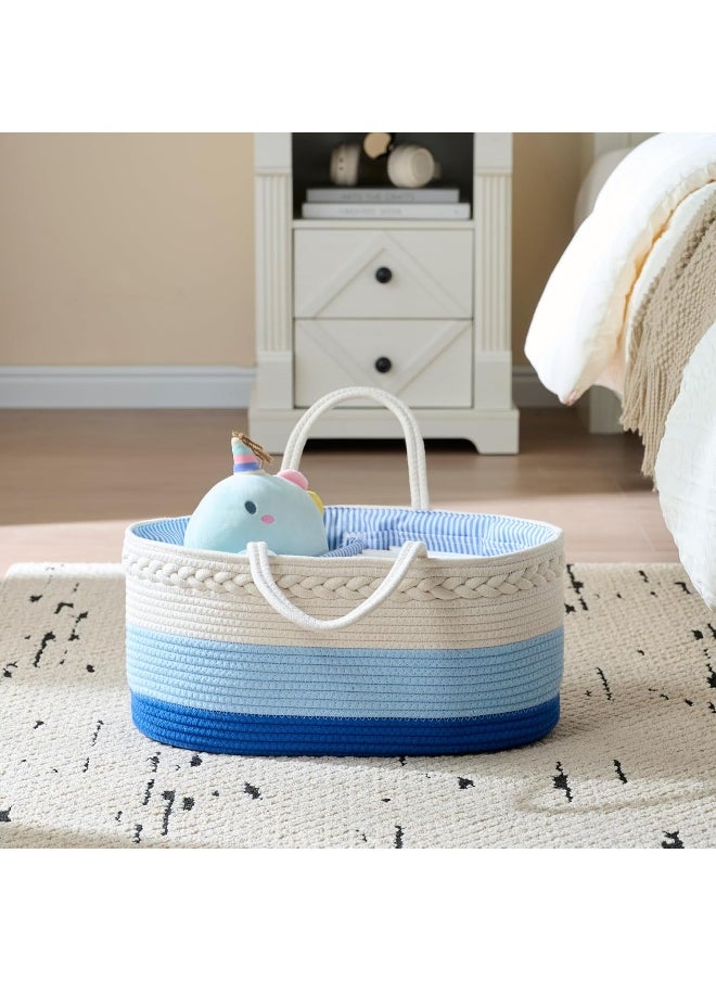 Luxury Little Baby Diaper Caddy Organizer, Large Cotton Rope Nursery Diaper Basket, Changing Table Organizer, Portable Tote Bag with Divider, Car Storage, Baby Shower Gifts for Newborn Boys - Blue