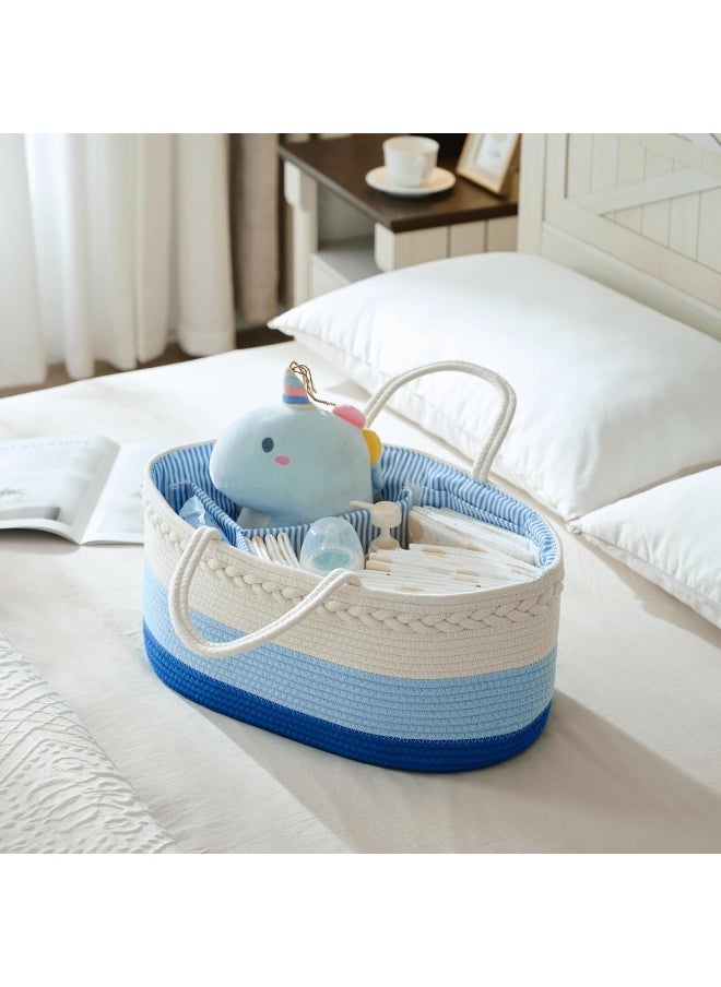 Luxury Little Baby Diaper Caddy Organizer, Large Cotton Rope Nursery Diaper Basket, Changing Table Organizer, Portable Tote Bag with Divider, Car Storage, Baby Shower Gifts for Newborn Boys - Blue