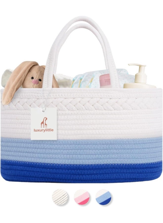Luxury Little Baby Diaper Caddy Organizer, Large Cotton Rope Nursery Diaper Basket, Changing Table Organizer, Portable Tote Bag with Divider, Car Storage, Baby Shower Gifts for Newborn Boys - Blue