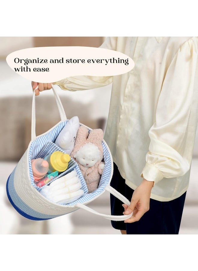 Luxury Little Baby Diaper Caddy Organizer, Large Cotton Rope Nursery Diaper Basket, Changing Table Organizer, Portable Tote Bag with Divider, Car Storage, Baby Shower Gifts for Newborn Boys - Blue