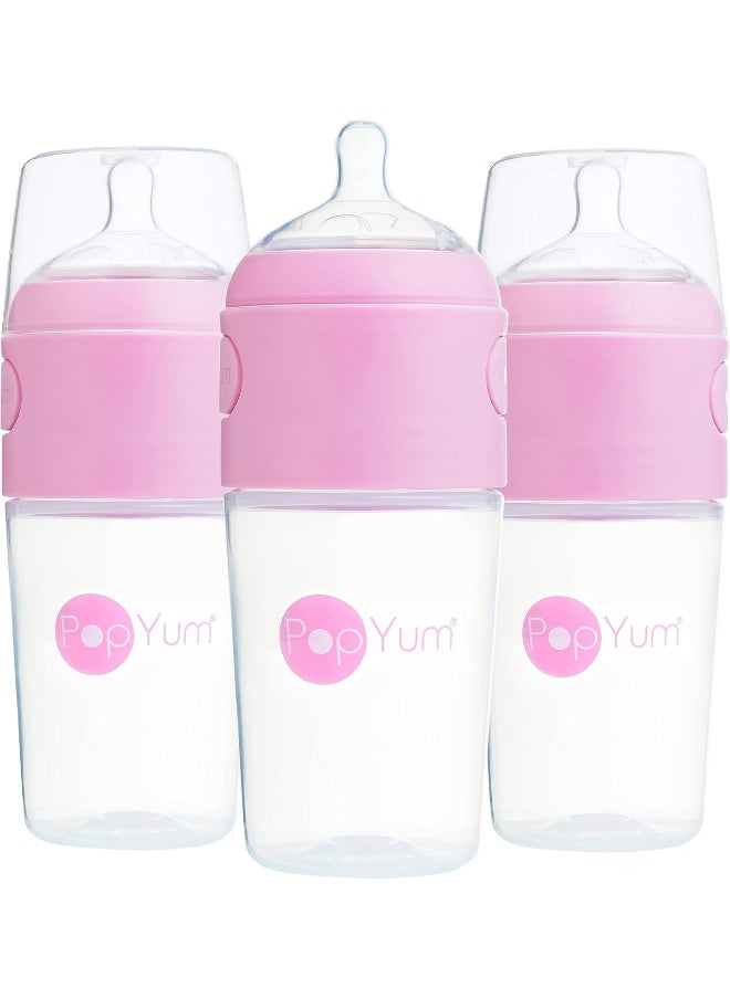 PopYum 9 oz Pink Anti-Colic Formula Making/Mixing/Dispenser Baby Bottles, 3-Pack with #2 Medium Flow , 260 ml, BPA-Free, Natural Latch