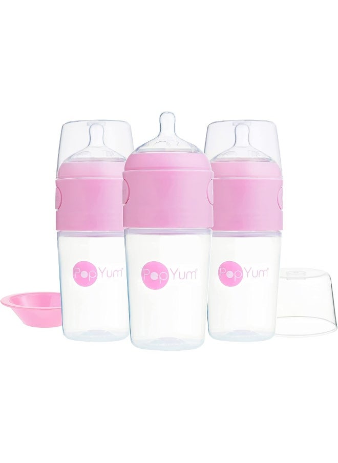 PopYum 9 oz Pink Anti-Colic Formula Making/Mixing/Dispenser Baby Bottles, 3-Pack with #2 Medium Flow , 260 ml, BPA-Free, Natural Latch