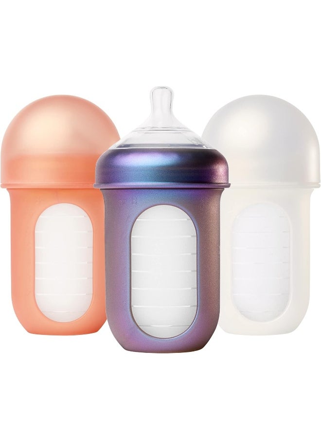 Boon NURSH Reusable Silicone Baby Bottles with Collapsible Silicone Pouch Design — Everyday Baby Essentials — 3 Count — Stage 2 Medium Flow — 8 Oz — Metallic