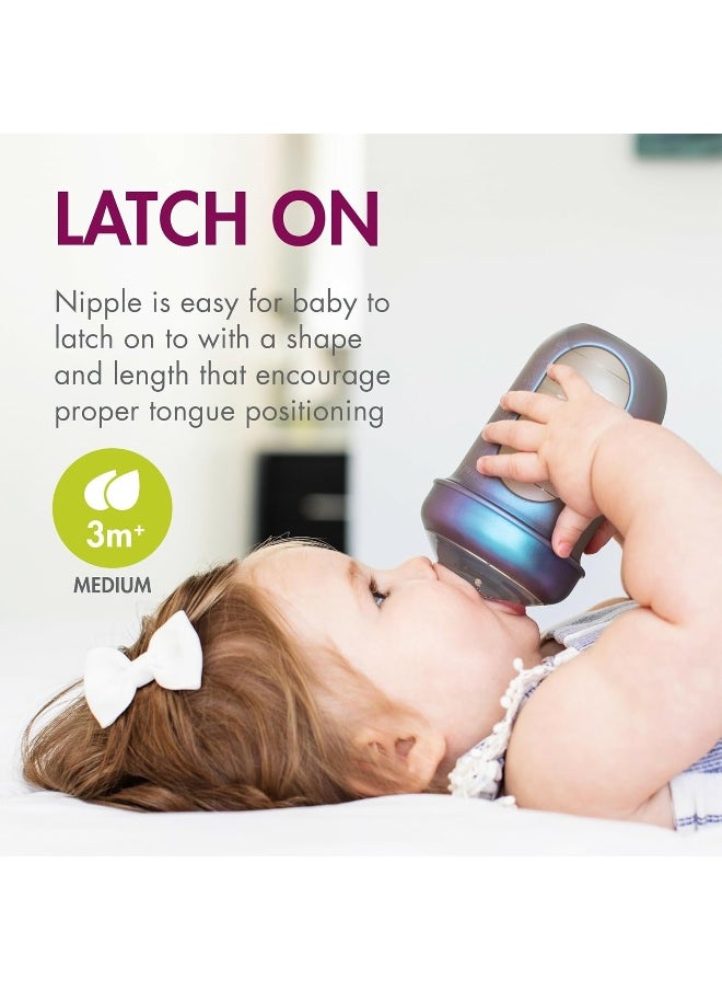 Boon NURSH Reusable Silicone Baby Bottles with Collapsible Silicone Pouch Design — Everyday Baby Essentials — 3 Count — Stage 2 Medium Flow — 8 Oz — Metallic
