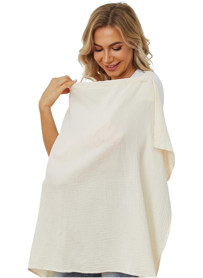 PPOGOO Muslin Nursing Cover for Baby Breastfeeding, Breathable Privacy Nursing Covers for Mom 100% Cotton Breastfeeding Cover with Rigid Hoop for Mother Nursing Apron (Beige)
