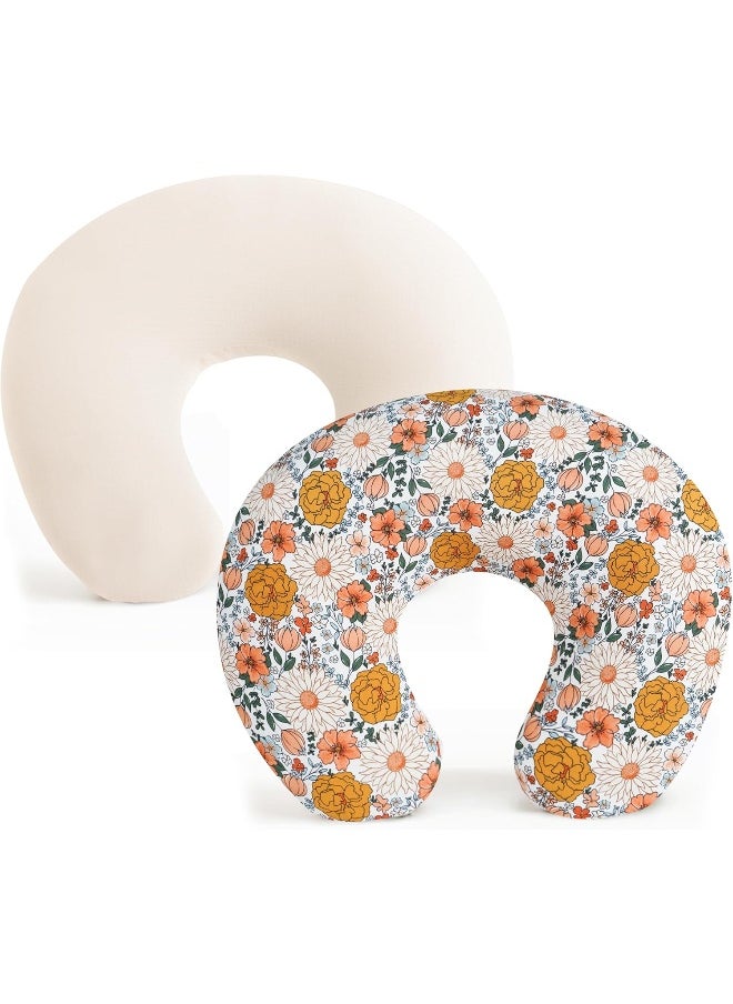 Konssy 2 Pack Nursing Pillow Covers, Stretchy and Soft Nursing Cover for Breastfeeding Pillows, Pillow Slipcover for Baby Girls Boys Newborn (Beige, Floral)