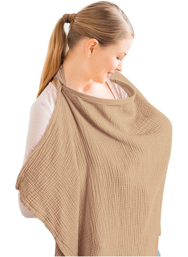 Konssy Muslin Nursing Cover for Baby Breastfeeding, Breathable 100% Cotton Breastfeeding Cover with Rigid Hoop for Mother Nursing Apron Multi-use Carseat Canopy (Sand)