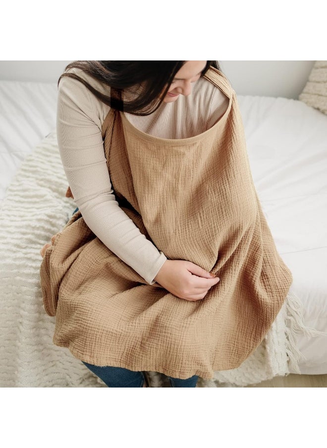Konssy Muslin Nursing Cover for Baby Breastfeeding, Breathable 100% Cotton Breastfeeding Cover with Rigid Hoop for Mother Nursing Apron Multi-use Carseat Canopy (Sand)