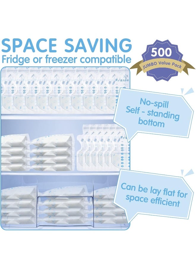 Sherr 500 Pcs Breastmilk Storage Bags 8 oz Breast Milk Storing Bags Self Standing Milk Storage Bags for Breastfeeding Leak Proof Double Zippered Seal Spout and Thickened Design Breastmilk Storing Bags