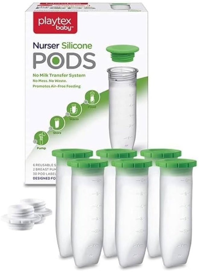 Playtex Baby Nurser Reusable Silicone PODS, Breastmilk Storage & Air-Free Feeding, 6 Oz, 6 Count