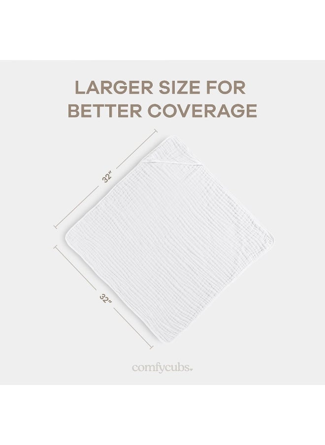 Comfy Cubs Baby Hooded 9 Layer Muslin Cotton Towel for Kids, Large 32” x 32”, Ultra Soft, Warm, and Absorbent. Baby Essentials Bath Towels, Cute Unisex Cover for Girls and Boys (Pack of 1, White)