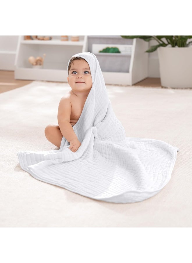 Comfy Cubs Baby Hooded 9 Layer Muslin Cotton Towel for Kids, Large 32” x 32”, Ultra Soft, Warm, and Absorbent. Baby Essentials Bath Towels, Cute Unisex Cover for Girls and Boys (Pack of 1, White)