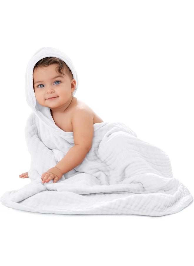 Comfy Cubs Baby Hooded 9 Layer Muslin Cotton Towel for Kids, Large 32” x 32”, Ultra Soft, Warm, and Absorbent. Baby Essentials Bath Towels, Cute Unisex Cover for Girls and Boys (Pack of 1, White)