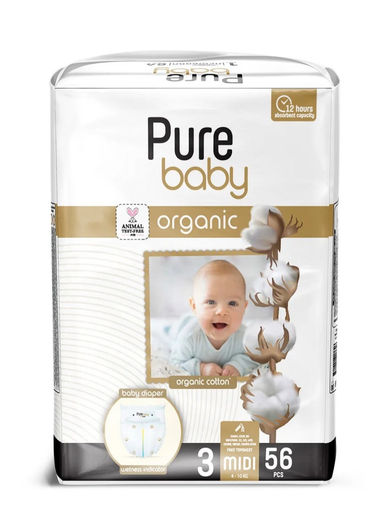 Pure Baby Organic Cotton Core Tape Style Diapers, 56 Pieces, Size 3 Midi, 4-10 kg - Comfort Fit, 12Hours Dryness, Wetness Indicator