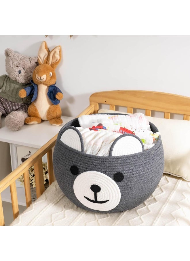 CherryNow Baby Cute Storage Basket for Organizing, Medium Toy Basket Empty Gift Basket with Handles, Woven Rope Bear Basket for Kids, Grey, 15.7