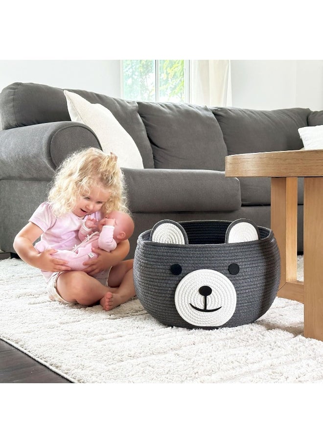 CherryNow Baby Cute Storage Basket for Organizing, Medium Toy Basket Empty Gift Basket with Handles, Woven Rope Bear Basket for Kids, Grey, 15.7