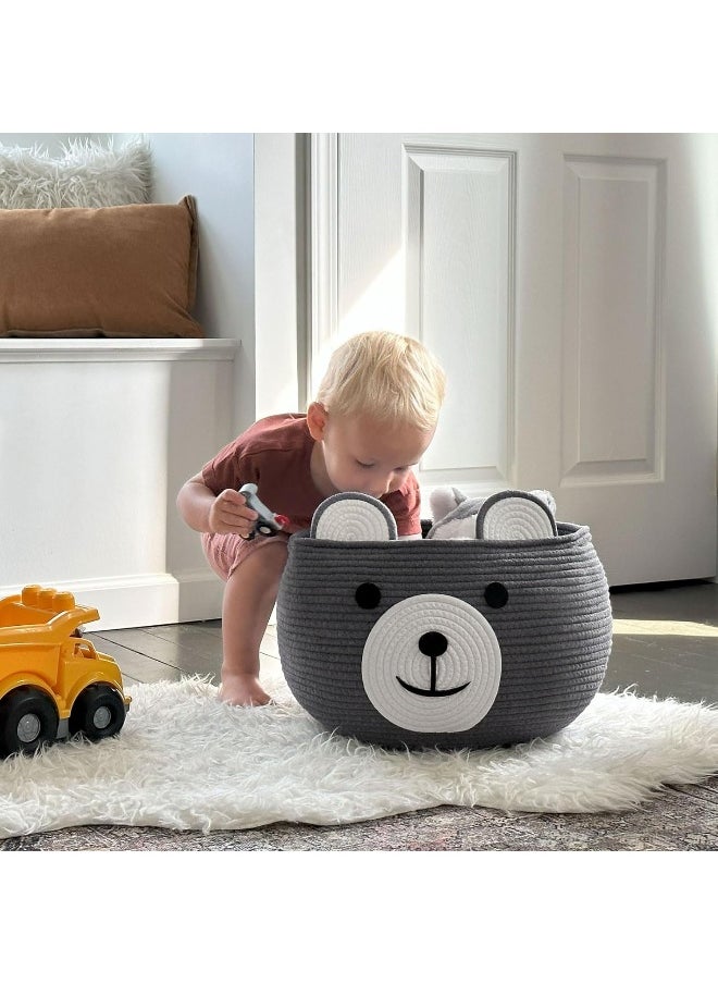 CherryNow Baby Cute Storage Basket for Organizing, Medium Toy Basket Empty Gift Basket with Handles, Woven Rope Bear Basket for Kids, Grey, 15.7