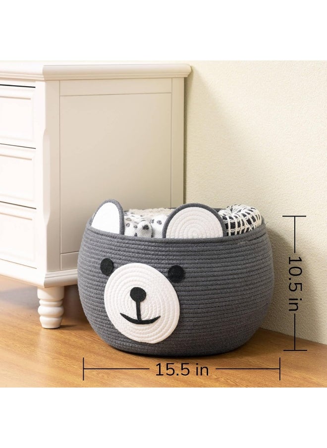 CherryNow Baby Cute Storage Basket for Organizing, Medium Toy Basket Empty Gift Basket with Handles, Woven Rope Bear Basket for Kids, Grey, 15.7