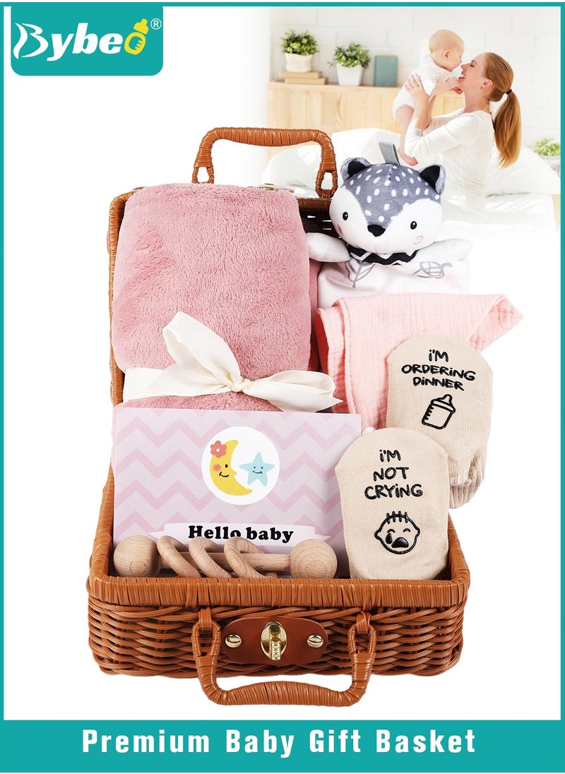 7 PCS Baby Gift Set, Newborn Baby Shower Gift for Boys Girls, Baby Gift Basket with Essential Stuff, Includes Blanket, Wooden Rattle Toy, Baby Bib and Socks, Greeting Card, Newborn Baby Gift Set
