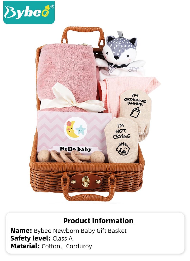 7 PCS Baby Gift Set, Newborn Baby Shower Gift for Boys Girls, Baby Gift Basket with Essential Stuff, Includes Blanket, Wooden Rattle Toy, Baby Bib and Socks, Greeting Card, Newborn Baby Gift Set