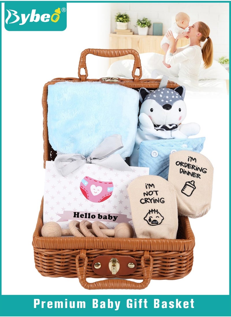7 PCS Baby Gift Set, Newborn Baby Shower Gift for Boys Girls, Baby Gift Basket with Essential Stuff, Includes Blanket, Wooden Rattle Toy, Baby Bib and Socks, Greeting Card, Newborn Baby Gift Set