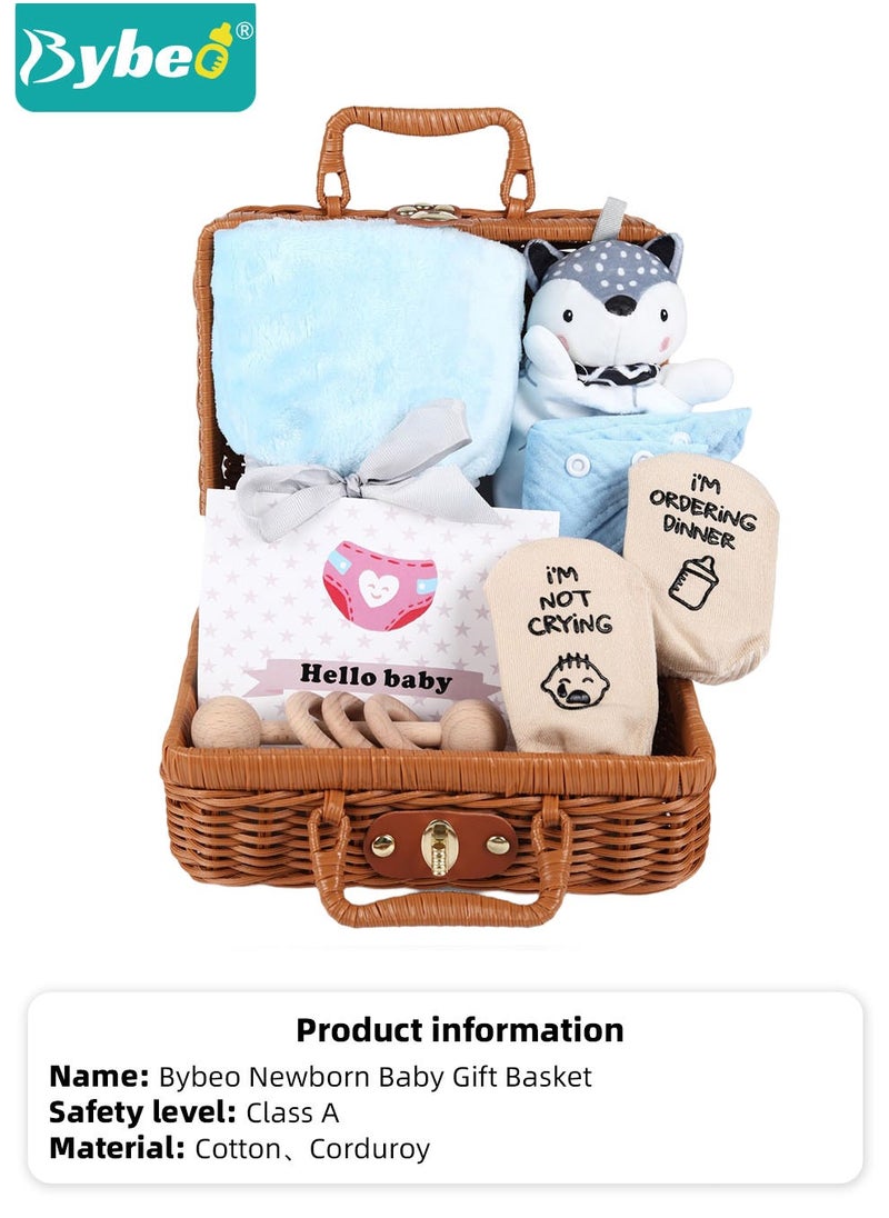 7 PCS Baby Gift Set, Newborn Baby Shower Gift for Boys Girls, Baby Gift Basket with Essential Stuff, Includes Blanket, Wooden Rattle Toy, Baby Bib and Socks, Greeting Card, Newborn Baby Gift Set