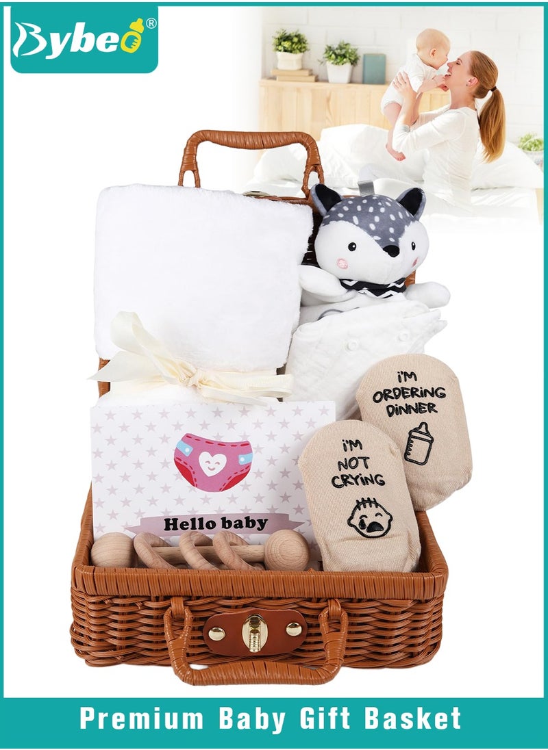 7 PCS Baby Gift Set, Newborn Baby Shower Gift for Boys Girls, Baby Gift Basket with Essential Stuff, Includes Blanket, Wooden Rattle Toy, Baby Bib and Socks, Greeting Card, Newborn Baby Gift Set