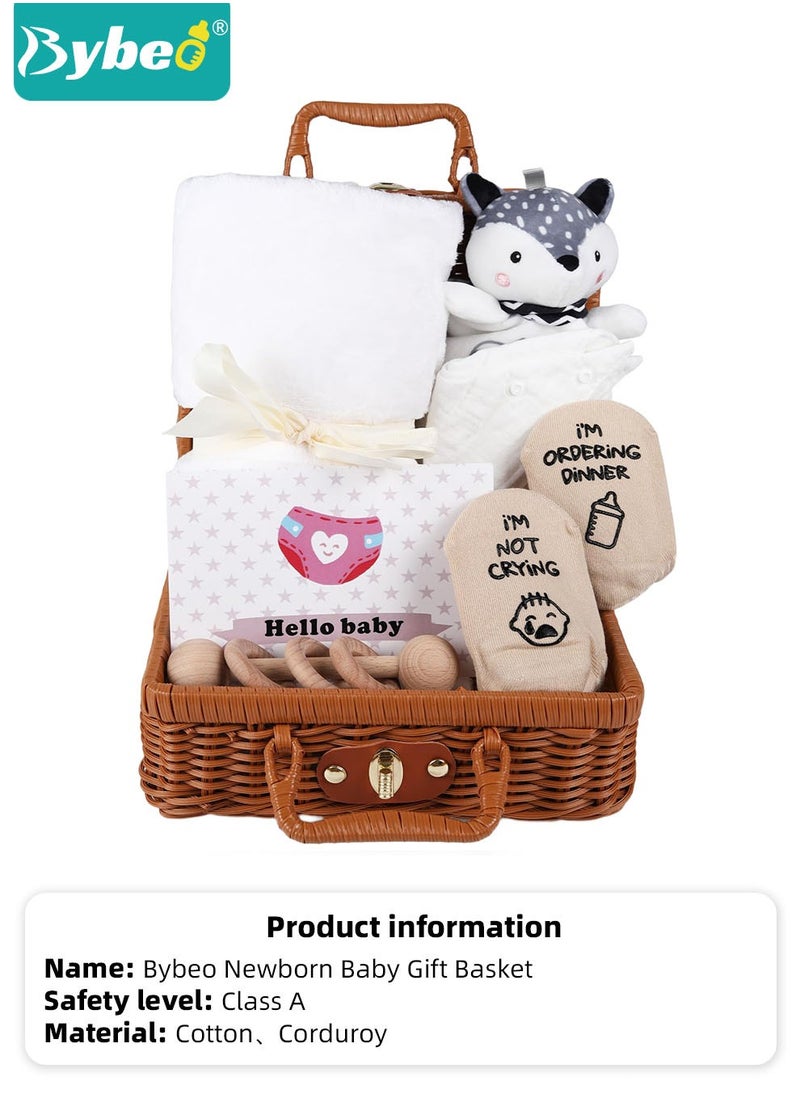 7 PCS Baby Gift Set, Newborn Baby Shower Gift for Boys Girls, Baby Gift Basket with Essential Stuff, Includes Blanket, Wooden Rattle Toy, Baby Bib and Socks, Greeting Card, Newborn Baby Gift Set