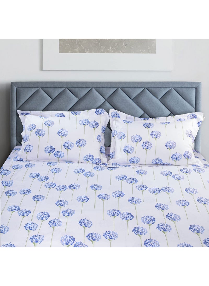 Spread Spain The White Cotton Print Bedsheet 500 Thread Count Super King Size with Two Pillow Cases Indigo