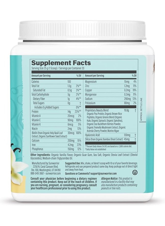 Sunwarrior Plant-Based Collagen Building Protein Peptides Tahitian Vanilla – 500g, with Hyaluronic Acid & Biotin